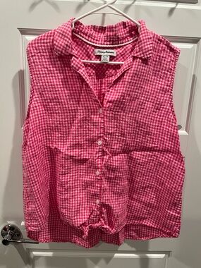 Tommy Bahama Pink and Red Gingham Sleeveless Button-Front Top-Linen